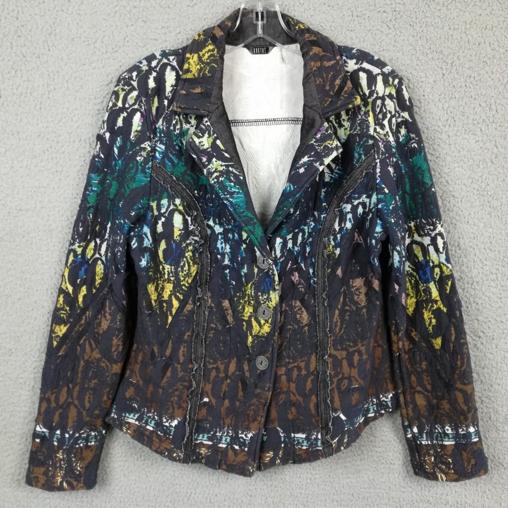 Kaktus Womens Blazer Artisan Multicolor Navy Floral Textured Jacket Stretch‎ XS